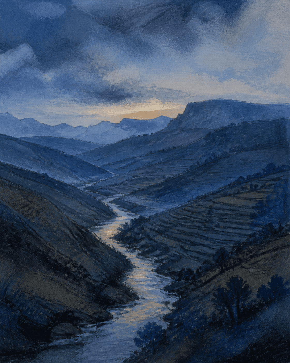 Blue highland valley at dusk with a winding river through the watershed